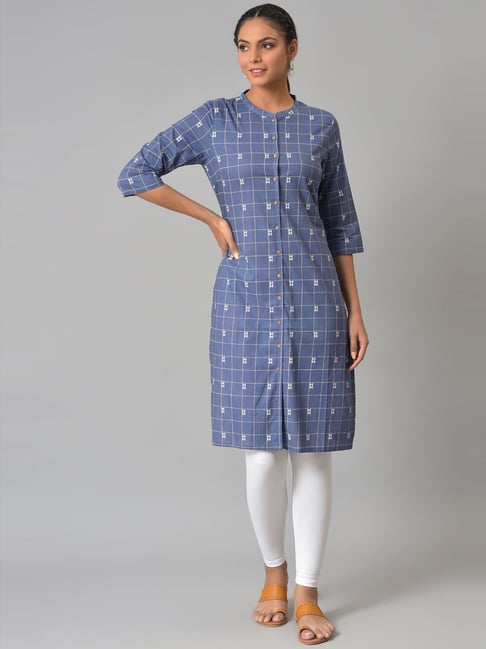 W Blue & White Cotton Chequered Kurta Leggings set Price in India