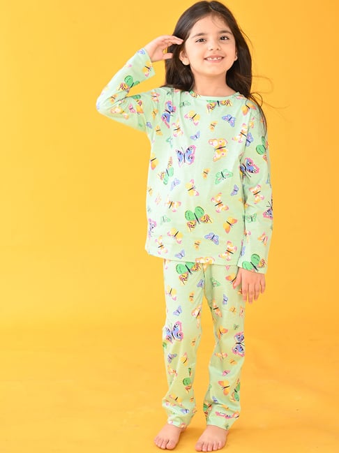 Anthrilo Kids Green Printed Full Sleeves T-Shirt with Pyjamas