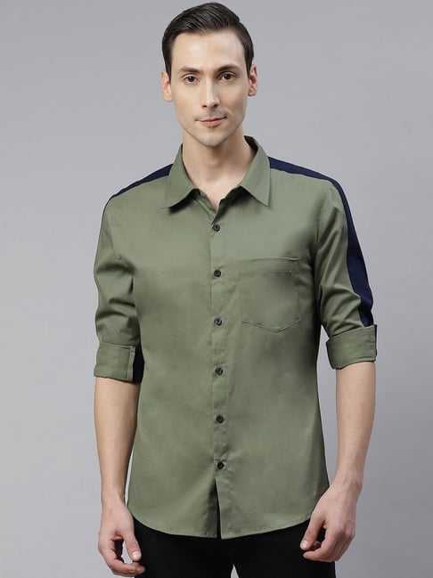 Hubberholme Blue & Green Cotton Regular Fit Colour Block Shirts