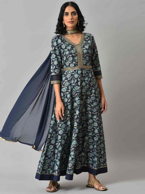 Aurelia Blue Floral Print Maxi Dress With Dupatta Price in India