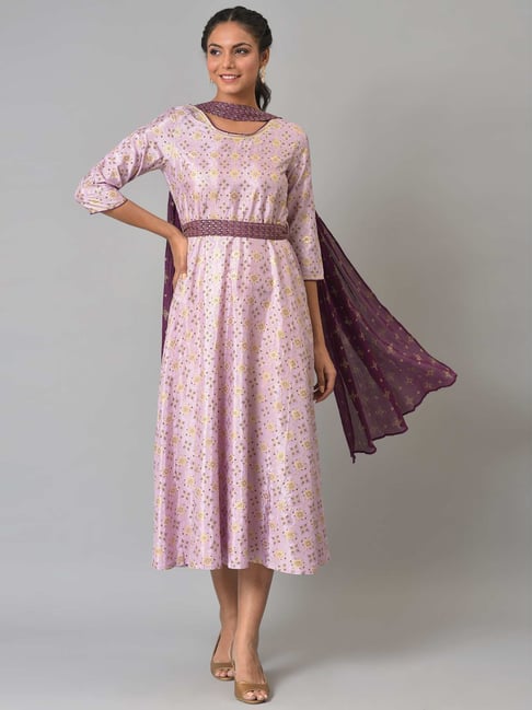 Aurelia Purple Floral Print A-Line Dress With Dupatta Price in India