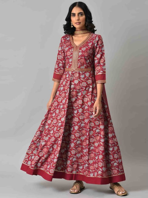 Aurelia Maroon Floral Print Maxi Dress With Dupatta Price in India