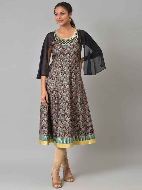 Aurelia Women Navy Blue Festive Floral Print Rayon Kurta-picture-38