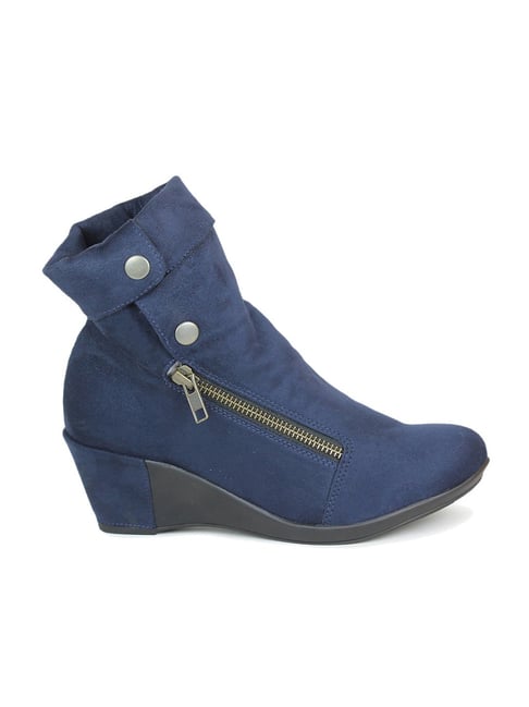 Navy blue wedge booties on sale