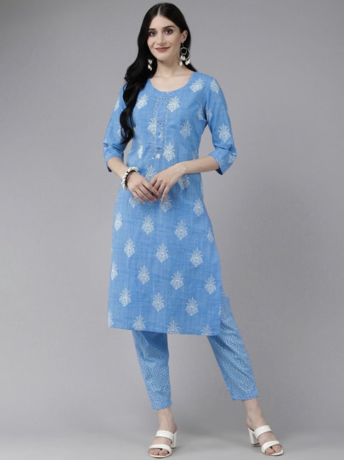 Yufta Blue Cotton Printed Kurta Pant Set Price in India