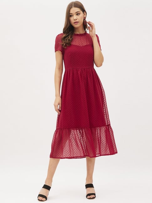 Harpa Maroon Self Pattern A-Line Dress Price in India