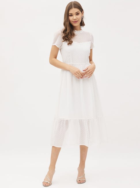 Harpa White Self Pattern A-Line Dress Price in India