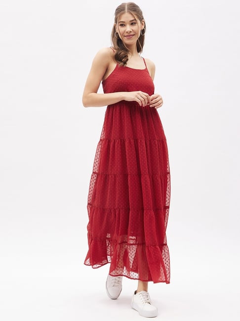 Harpa Maroon Self Pattern Maxi Dress