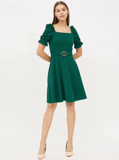 Harpa Green Square Neck A-Line Dress Price in India