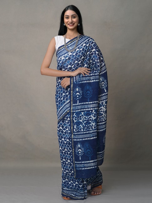 Unnati Silks Blue Cotton Silk Printed Saree With Blouse Price in India
