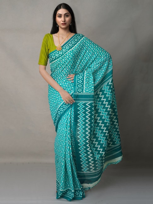 Unnati Silks Blue Cotton Printed Saree With Blouse Price in India
