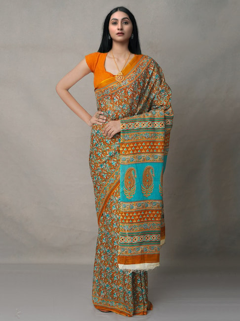 Unnati Silks Multicolor Cotton Printed Saree With Blouse Price in India