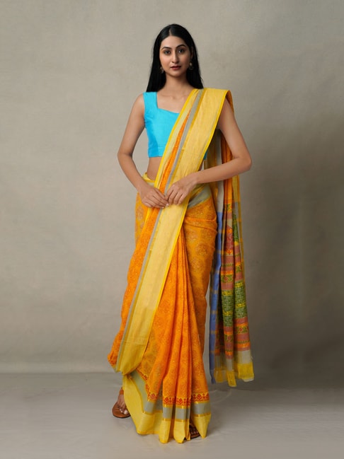 Unnati Silks Orange Cotton Printed Saree With Blouse Price in India