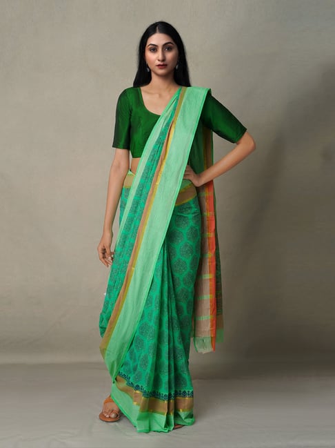 Unnati Silks Green Cotton Printed Saree With Blouse Price in India