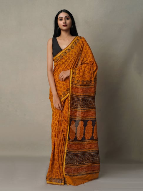 Unnati Silks Rust Cotton Printed Saree With Blouse Price in India