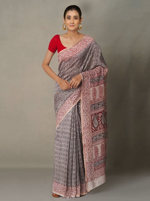 Unnati Silks Beige Cotton Printed Saree With Blouse Price in India