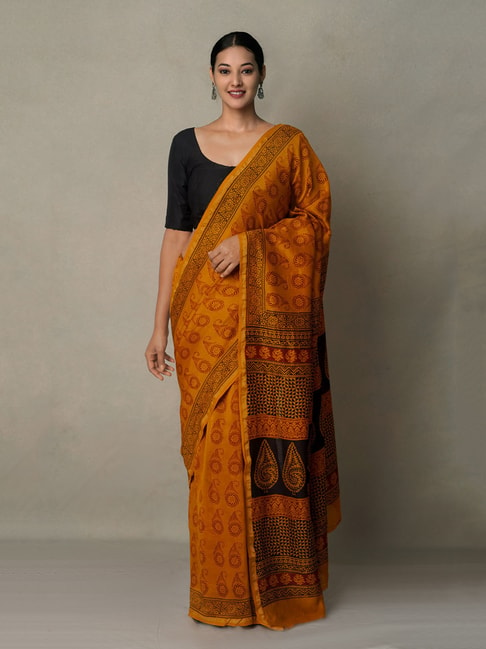 Unnati Silks Rust Cotton Printed Saree With Blouse Price in India