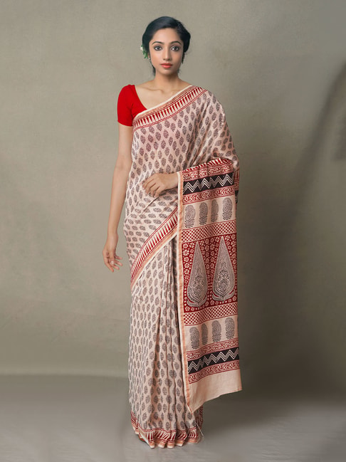 Unnati Silks Beige Cotton Printed Saree With Blouse Price in India