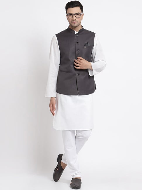 Set Of 3: Yellow Checkered Chanderi Nehru Jacket, Ivory White Kurta & –  TJORI