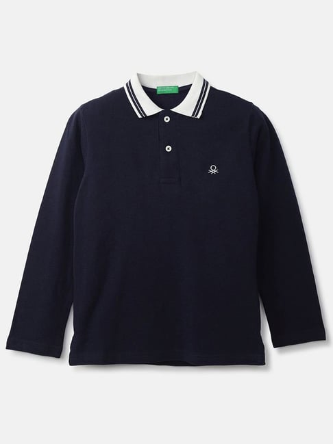 United Colors of Benetton Kids Navy & White Cotton Regular Fit Full Sleeves Polo T-Shirt