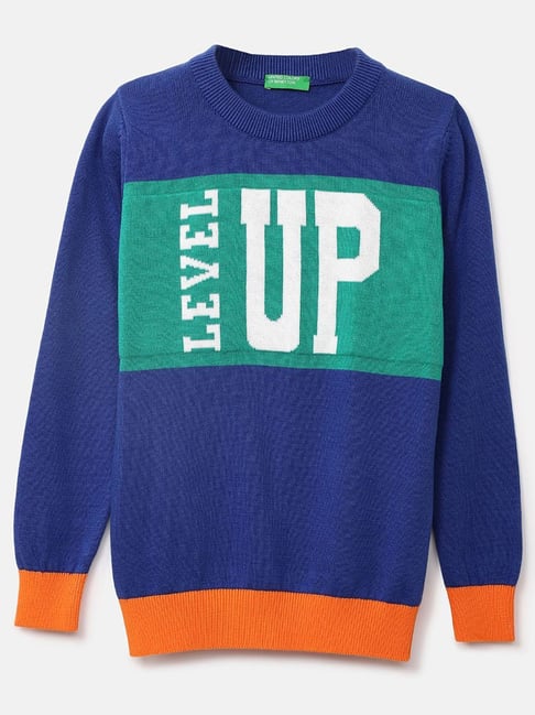 United Colors of Benetton Kids Blue & Orange Cotton Printed Full Sleeves Sweater