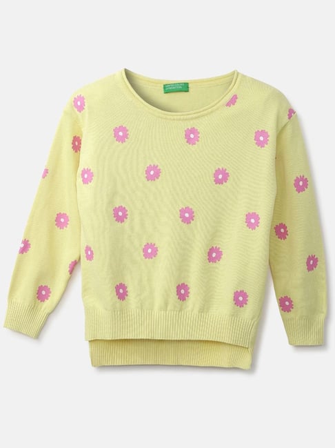 United Colors of Benetton Kids Lime Yellow & Pink Cotton Floral Print Full Sleeves Sweater