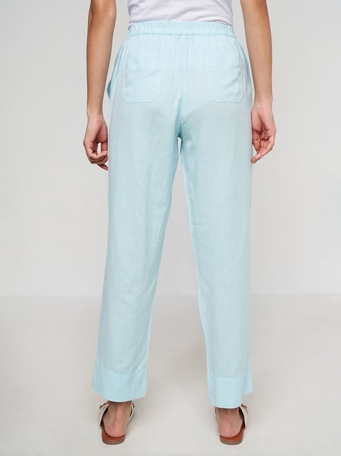 Buy De Moza Ladies Straight Pant Solid Cotton Light Blue online