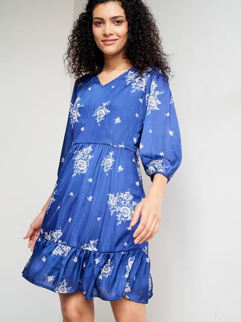 AND Blue Floral Print Flared Skater Dress Price in India