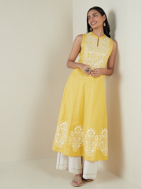 Utsa by Westside Yellow Mirror Detailed Fit-and-Flare Kurta Price in India