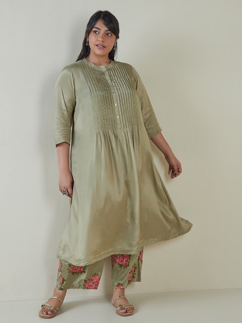 Diza curves by Westside Green Pin-Tuck Detail Straight Kurta Price in India