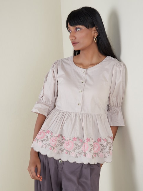 Bombay Paisley by Westside Taupe Floral Design Peplum Top Price in India
