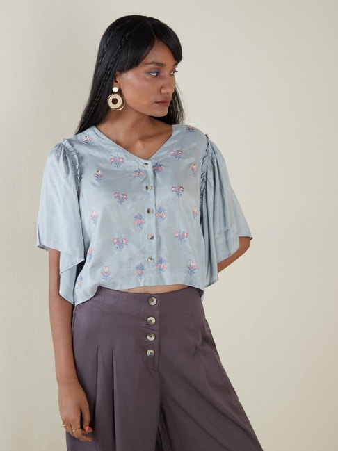 Bombay Paisley by Westside Light Teal Crop Top Price in India