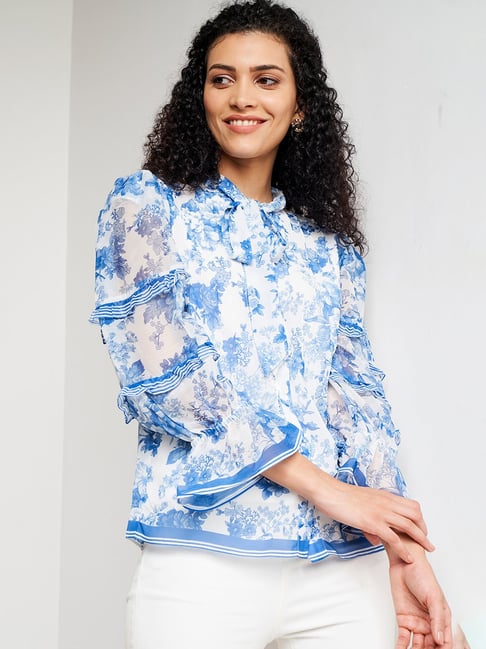 AND Blue & White Floral Print Straight Top Price in India