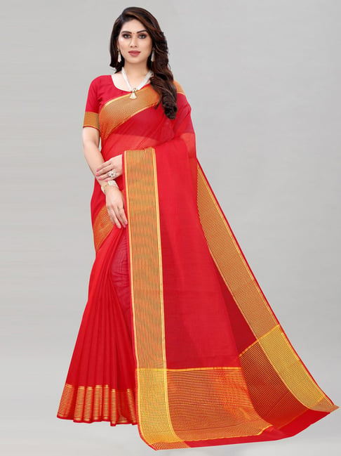 Satrani Red Woven Saree With Unstitched Blouse Price in India