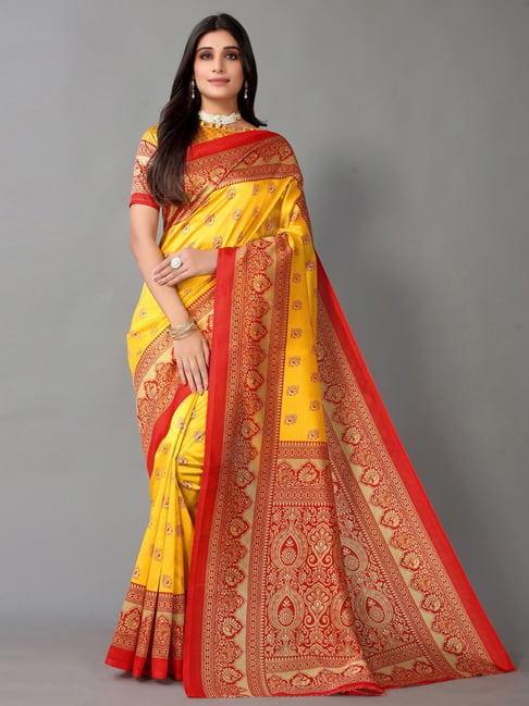 Satrani Yellow Printed Saree With Unstitched Blouse Price in India