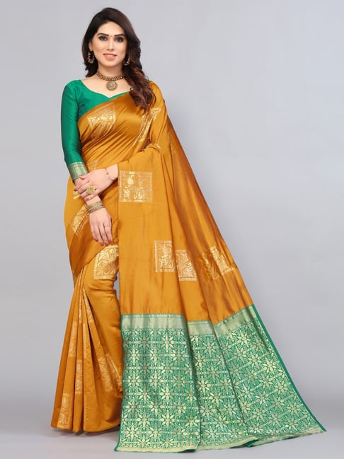 Satrani Mustard Woven Saree With Unstitched Blouse Price in India