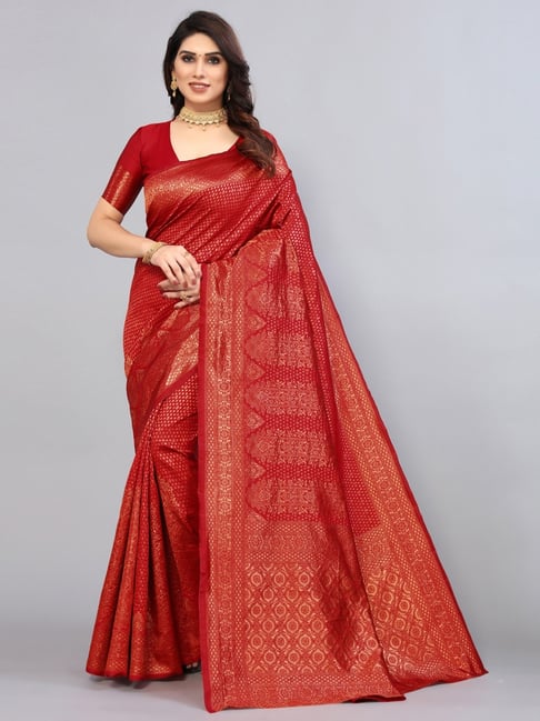 Satrani Red Woven Saree With Unstitched Blouse Price in India