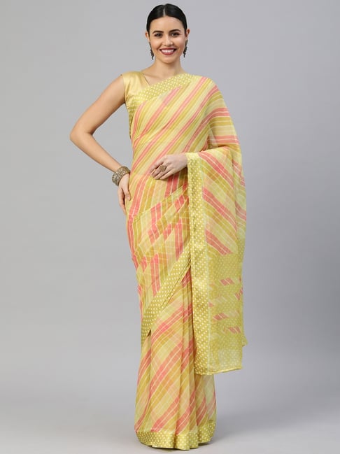 Satrani Beige Chequered Saree With Unstitched Blouse Price in India