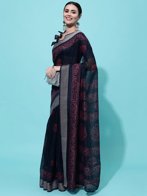 Satrani Navy Batic Print Saree With Unstitched Blouse Price in India