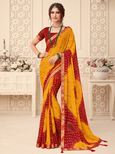 Satrani Yellow & Red Bandhani Print Saree With Unstitched Blouse Price in India
