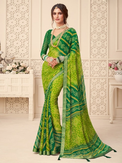 Satrani Green Bandhani Print Saree With Unstitched Blouse Price in India