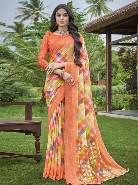 Satrani Multicolored Printed Saree With Unstitched Blouse Price in India