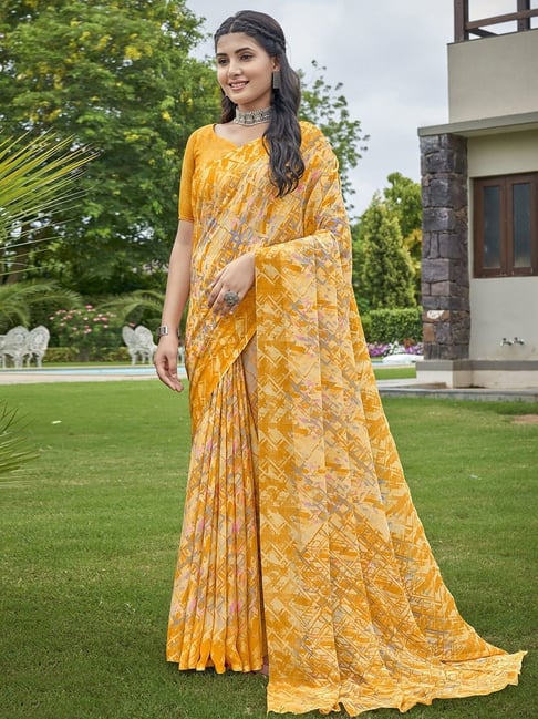 YELLOW PRINT & EMBROIDERED SAREE SET