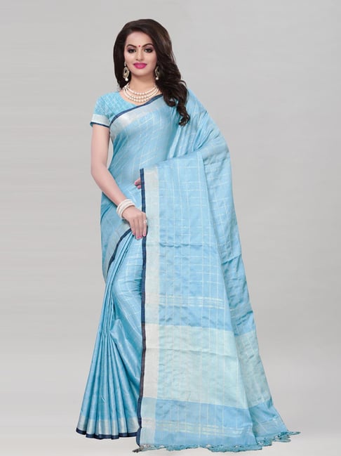 Satrani Sky Blue Linen Chequered Saree With Unstitched Blouse Price in India