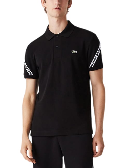 Lacoste Black Cotton Regular Fit Logo Printed Polo T-Shirt