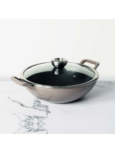 Meyer Enamel Grey & Transparent Iron 26 cm Kadai with Lid (3 L)
