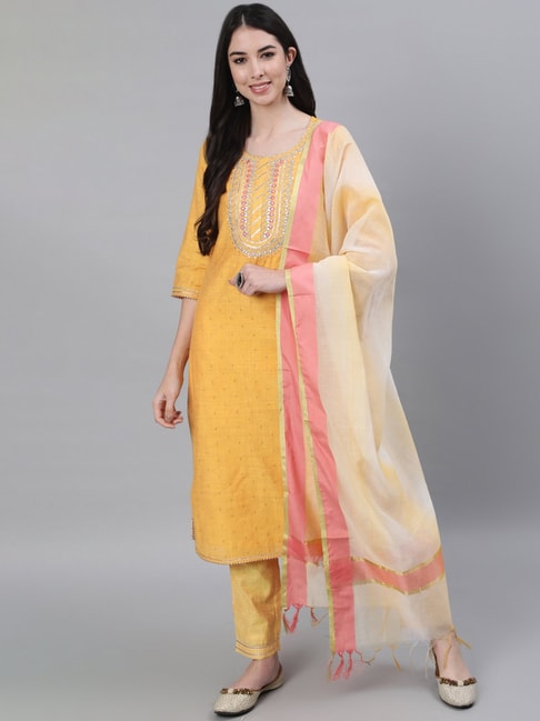 Jaipur Kurti Yellow Embellished Kurta With Pants & Dupatta Price in India