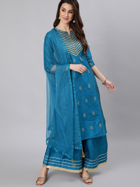 South Cotton Kurti With Rayon Plazo In Sky Blue Color With Embroidery Work  ,Cotton Work Duppata - Casual Wear Suits - Suits & Sharara