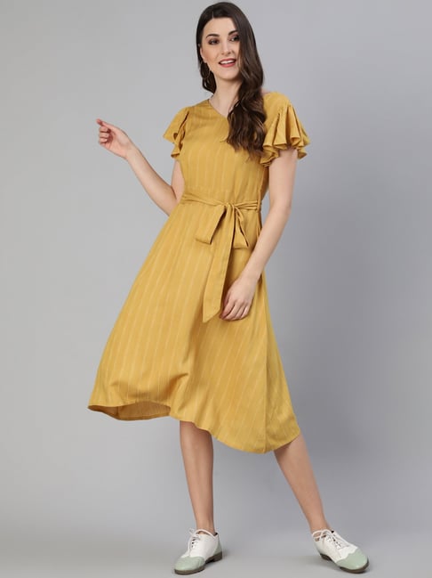 Jaipur Kurti Yellow Striped Empire Line Fit Flare Dress
