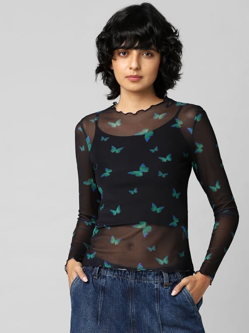 Only Black Printed Mesh Top